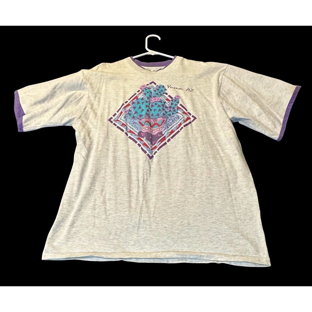 Vintage Hazelwood Yuma Arizona T Shirt XL Gray Purple Trim Made in USA Cactus